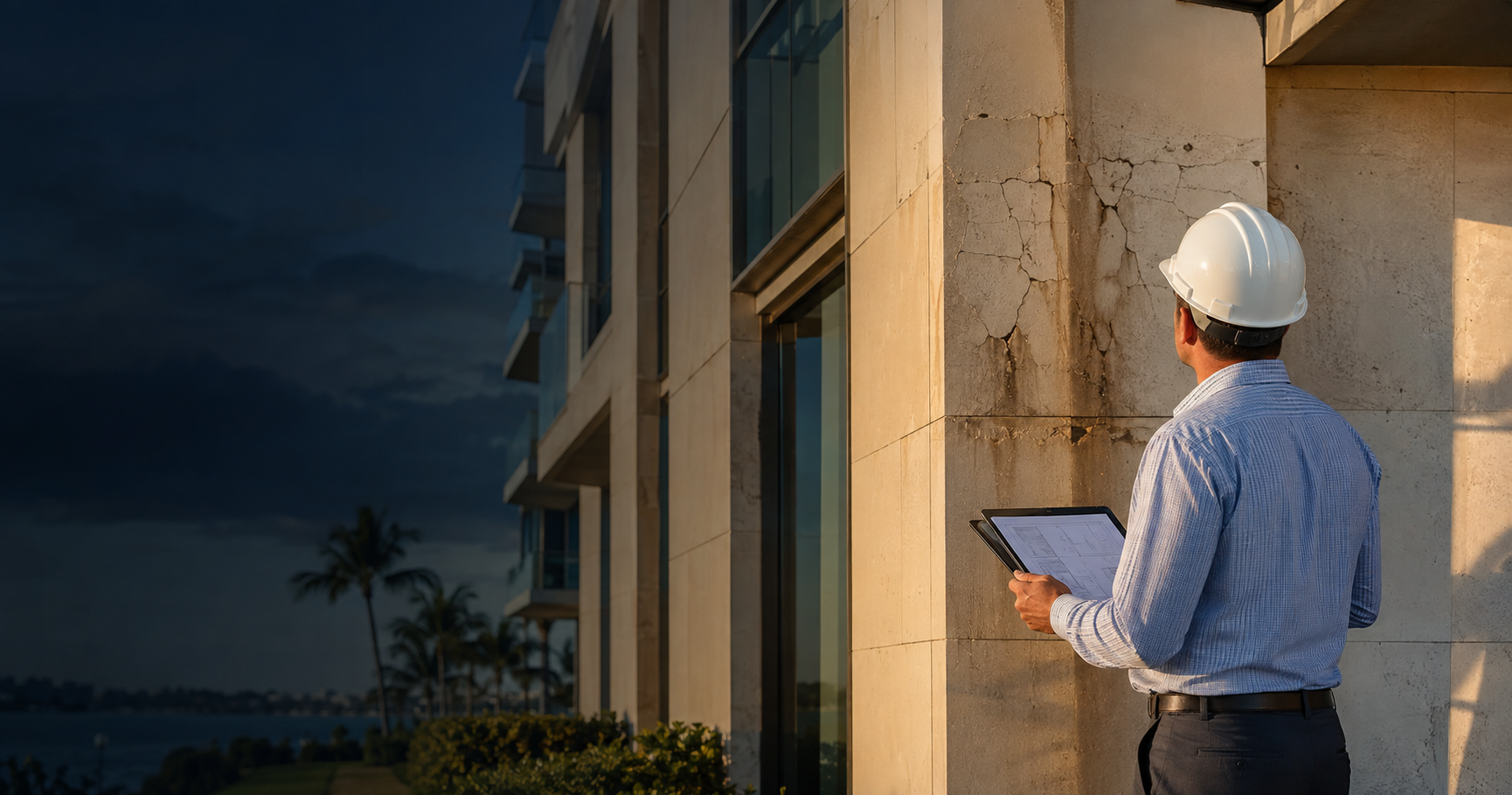 Construction consultant inspecting exterior building damage